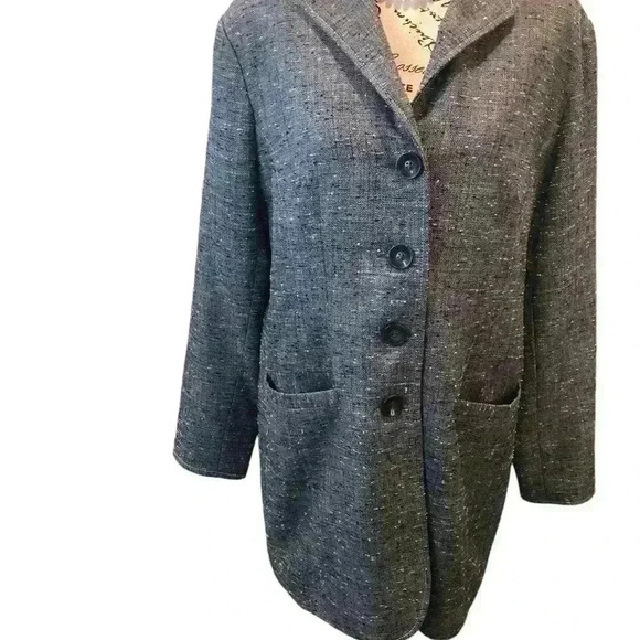 Coldwater Creek Sz 14 Gray White Tweed Long Blazer Jacket Pockets Notched L/S - Picture 1 of 7